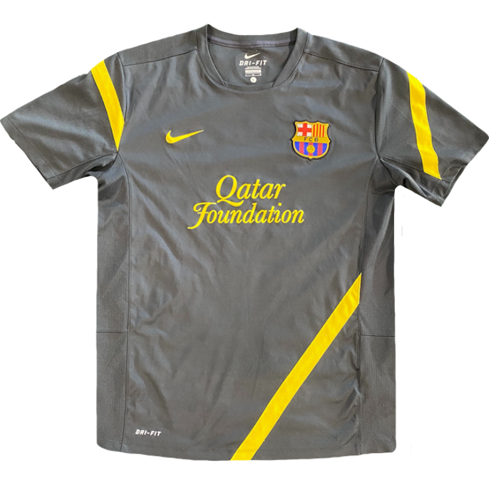 maillot barcelone gris et jaune vintage saison 2011-2012 qatar foundation